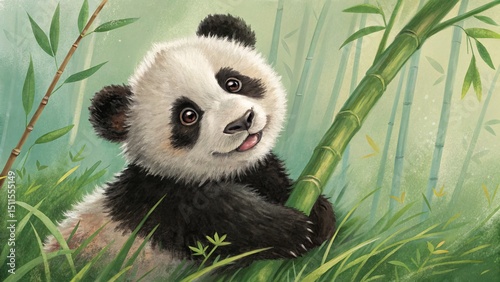 Playful Panda Cub in Bamboo...
