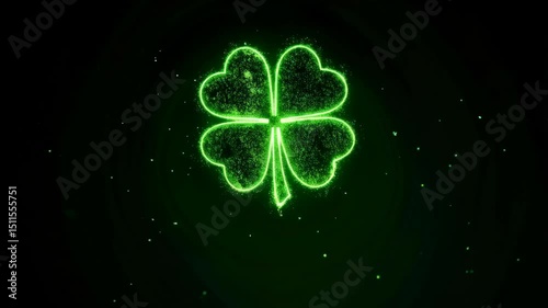 Four-leaf clover shining with emerald green light and sparkling particle effects against a black background.