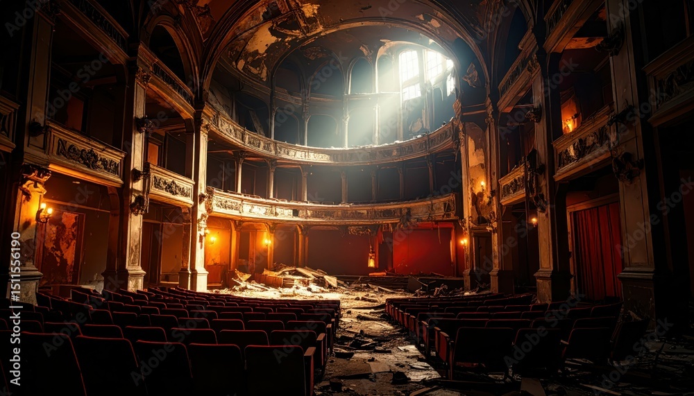 Obraz premium Abandoned Ruins of a Historic Theater Under Dim Light