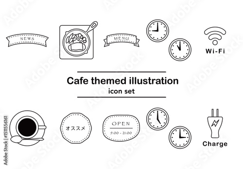 カフェ関連のモノクロアイコンセット｜コーヒー,電源,Wi-Fi,時計,料理,メニュー,おすすめ,看板,シンプル,白背景
