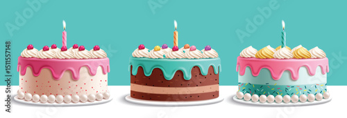 Cake birthday 3d elements clipart set. Strawberry and chocolate sweet dessert cake clip art with candle and icing toppings for birthday and wedding collection vector illustration. 
