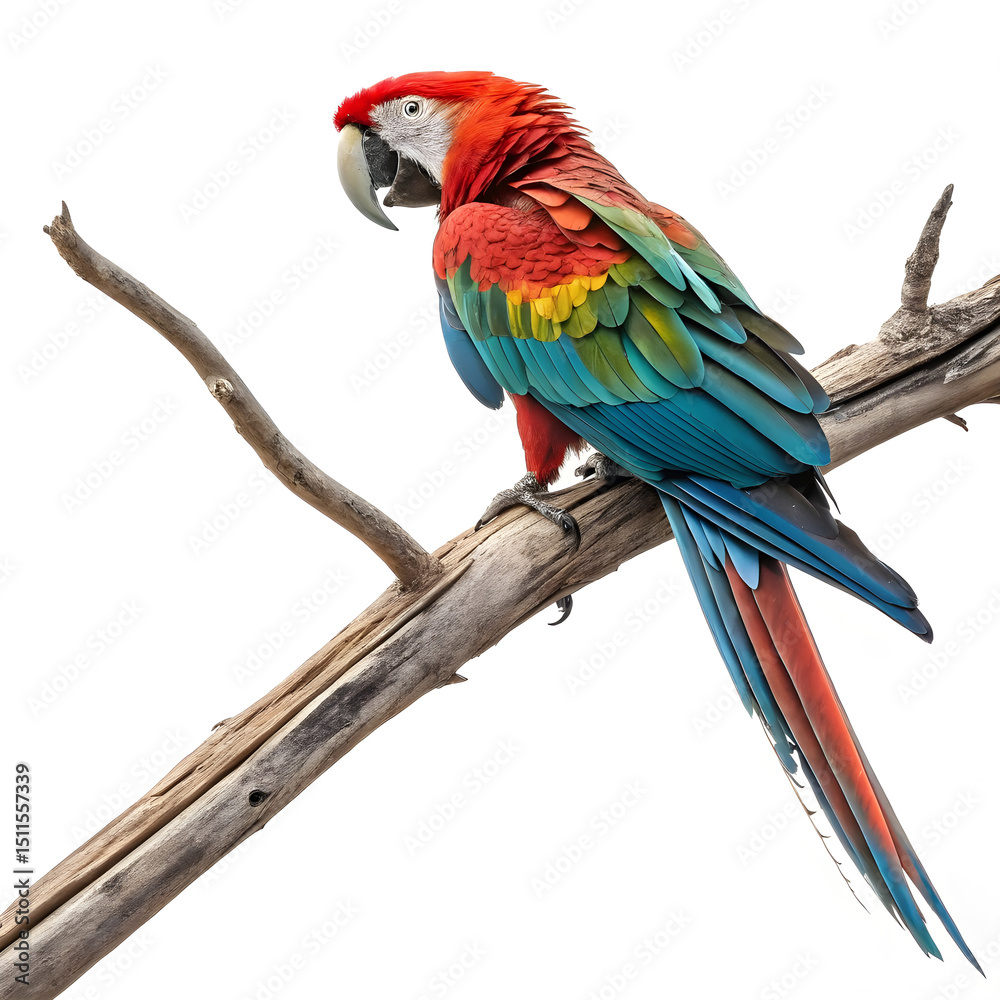 Fototapeta premium A vibrant full-body macaw parrot perched gracefully with colorful feathers and a lively posture.