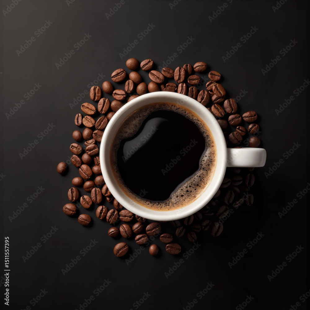 Fototapeta premium cup of coffee on the dark table, and coffee beans in a sack on dark background, top view