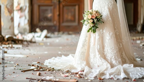 Tragic Wedding Scene with Ruined Decoration and Somber Atmosphere