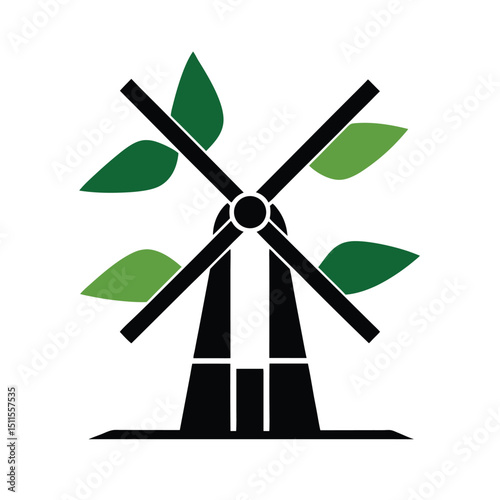 Simple eco friendly illustration of a windmill with green leaves on a white background