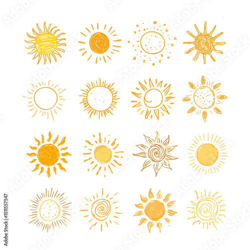 Whimsical Hand Sketched Suns Set for Celestial Bohemian Nature Inspired Design Projects