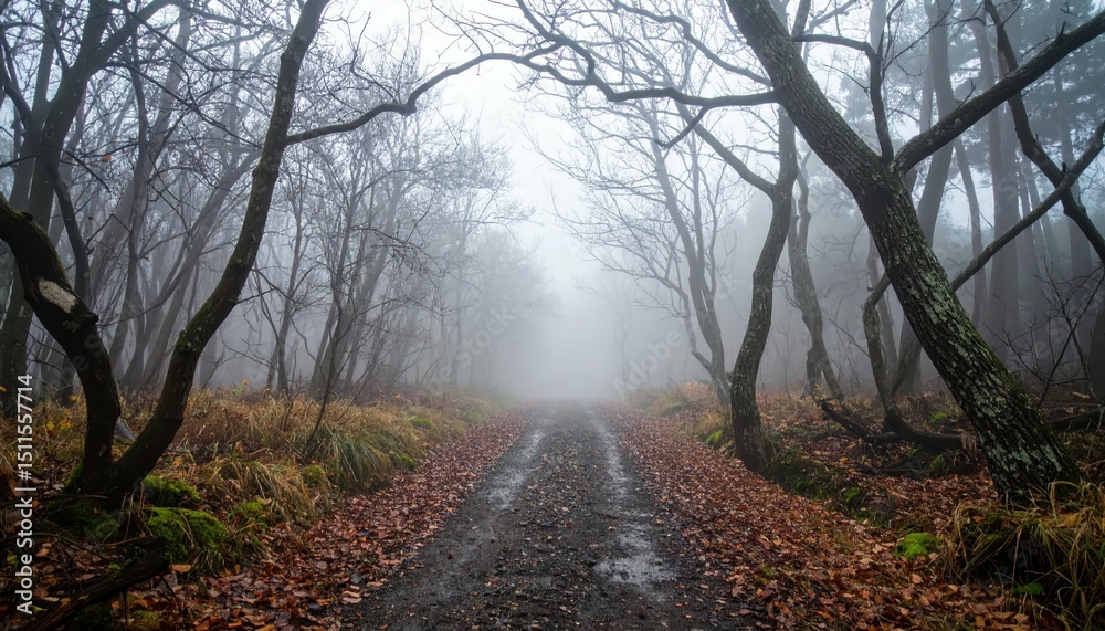 Naklejka premium Twisted Forest Path in Fog with Unsettling Atmosphere and Mystery
