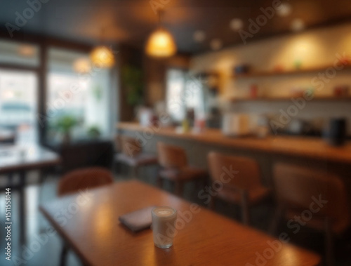 Defocused Background of Cozy Urban Cafe Interior with Wooden Tables and Coffee Bar, Perfect for Relaxing or Working. Blurred Background Photo. photo