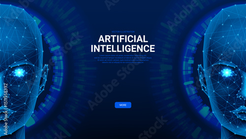 Artificial intelligence chatbot concept. Poligonal vector banner with silhouette of head of humanoid with headset. Modern technology. Support service concept with artificial intelligence.