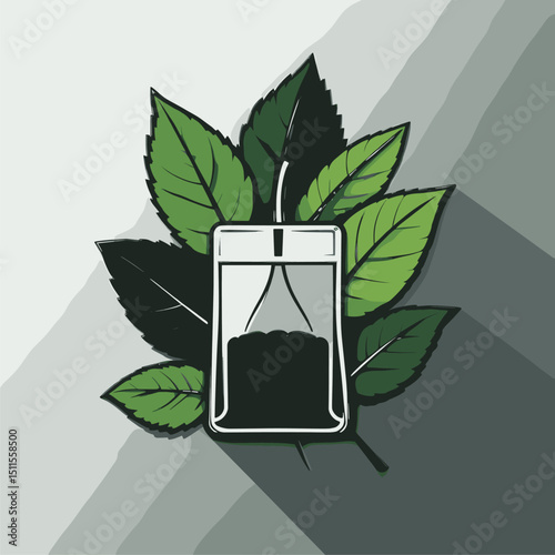 Refreshing Herbal Tea:  Green Leaf Tea Bag Illustration
