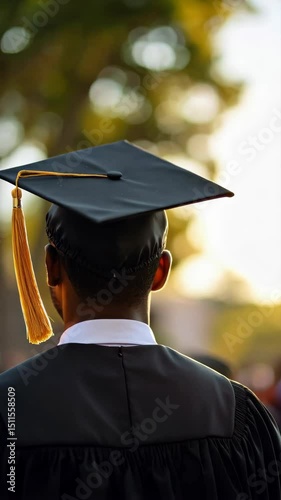 Young graduate stands silhouetted wearing cap and gown against a bokeh background during a graduation ceremony at sunset