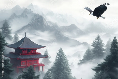 Serene mountain temple with eagle flight
