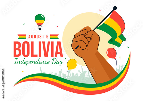 Bolivia Independence Day Vector Illustration on August 6, Featuring a Waving Flag and Ribbon in a Festive National Holiday Scene with Flat Background