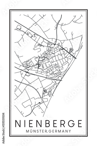 Hand drawn printable downtown road map poster of borough NIENBERGE of the German city of MÜNSTER on solid white background with city name