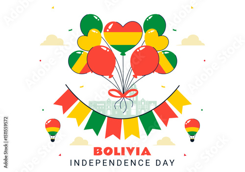 Bolivia Independence Day Vector Illustration on August 6, Featuring a Waving Flag and Ribbon in a Festive National Holiday Scene with Flat Background