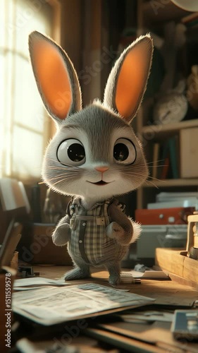 Cute cartoon rabbit on a wooden desk
