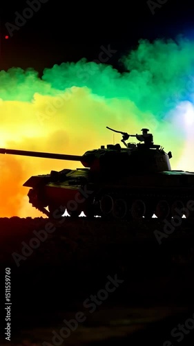 Silhouette of a toy tank against colorful smoke and lighting in a dark setting, conveying a sense of power and military strength.