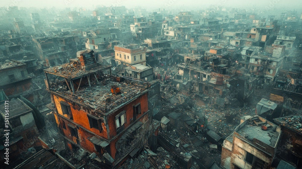 Obraz premium Urban Devastation Scenery: A Landscape of Ruined Buildings and Desolation