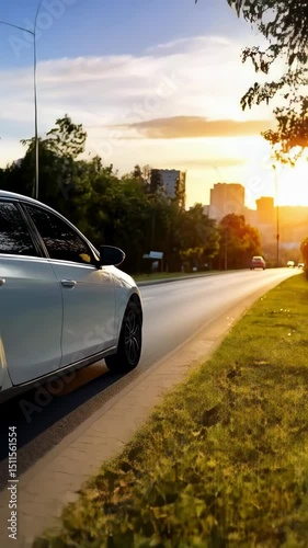 Sleek white car travels on urban asphalt road during warm sunset hour. Landscape of trees, buildings, and sun flares fills the background.