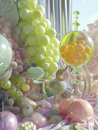 Surreal scene with photorealistic fruits vegetables biomorphic forms and transparent sphere photo