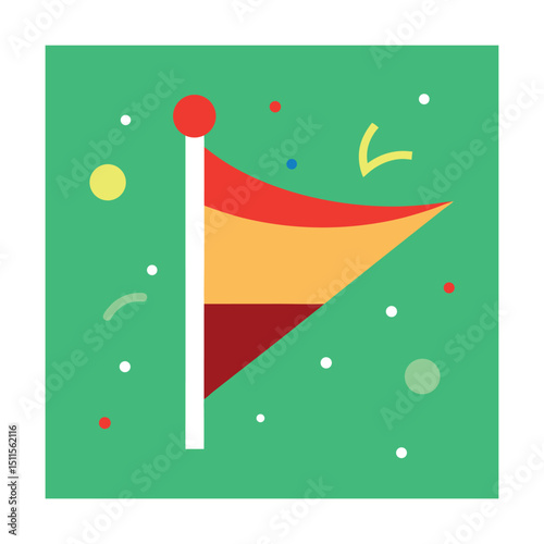 Vector illustration of a colorful flag waving on a pole surrounded by confetti and dots