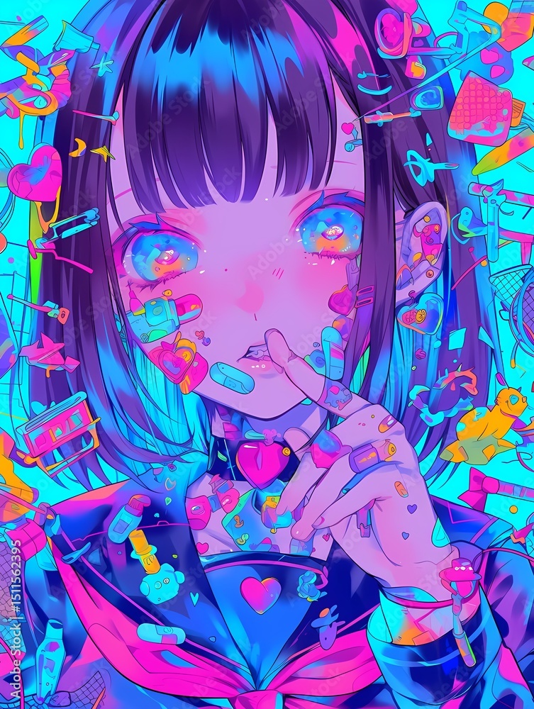 Fototapeta premium Anime illustration portrait; young girl; blue eyes; colorful decorations; vibrant neon lit scene