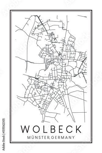Hand drawn printable downtown road map poster of borough WOLBECK of the German city of MÜNSTER on solid white background with city name