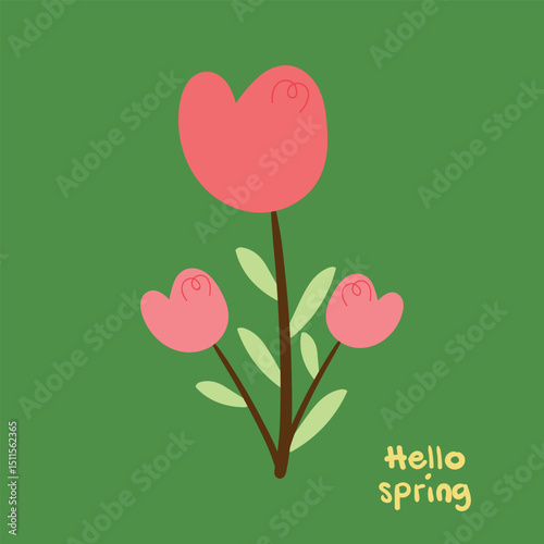 Cute cartoon drawing pink tulip flowers. cute cartoon for spring cards, wallpaper and background
