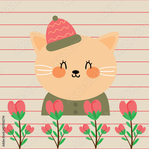 Cute cartoon drawing cat and pink tulip flowers. cute cartoon for spring cards, wallpaper and background