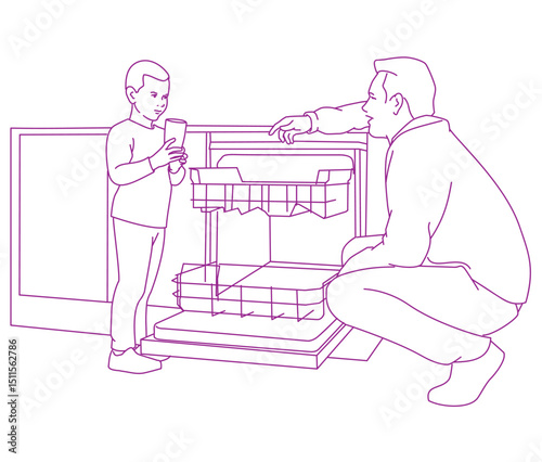  father and his little son using a dishwashing machine together at home.