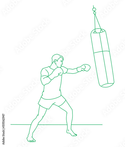  Male boxer training on sandbag in a gym.