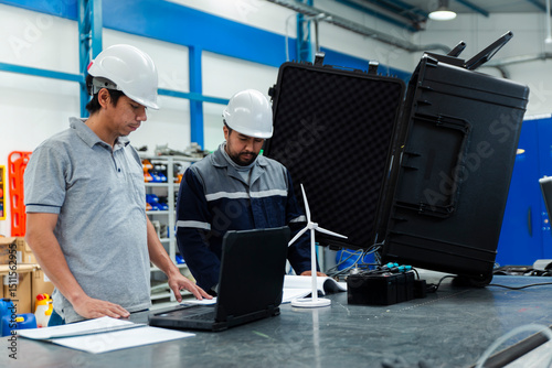 Engineers in a workshop conducting diagnostics with a tester and wind turbine model