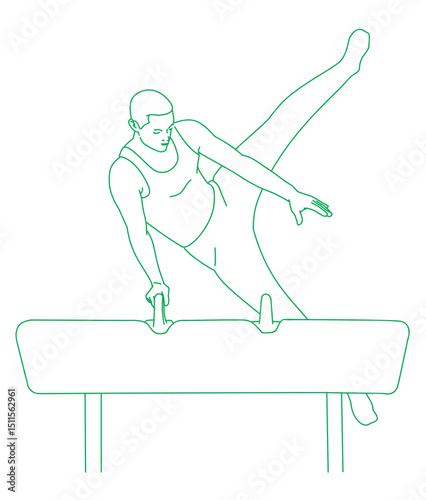 Male gymnast performing on pommel horse.
