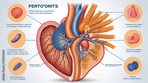 An anatomical diagram depicts peritonitis, emphasizing its inflammation, symptoms, and treatment strategies in a clear and informative manner.