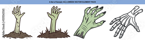 Cartoon zombie hands emerging from soil and reaching out, including skeletal version on transparent background