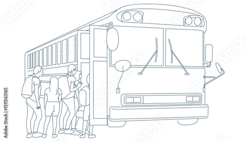 Students in queue boarding school bus in rural neighborhood