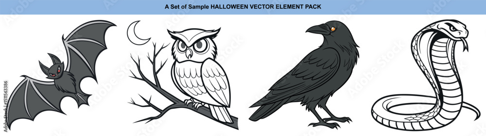 Fototapeta premium Illustration shows a bat, owl, raven, and cobra on a white background
