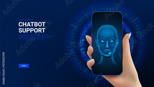 Artificial intelligence chatbot support banner. Vector illustration with hand holding phone and showing silhouette of humanoid with headset. Support service concept with artificial intelligence.