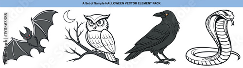 Illustration shows a bat, owl, raven, and cobra on a white background