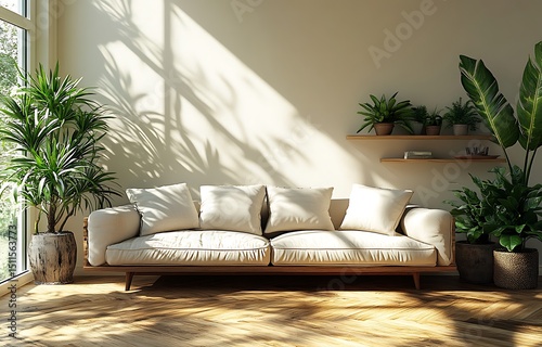 Beige sofa mockup in cozy living room with green plants

 photo