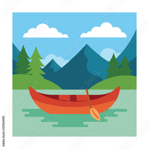 A colorful illustration of a canoe paddling on a lake surrounded by mountains and trees