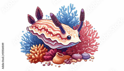 A vibrant sea creature with a colorful shell resting among bright coral formations