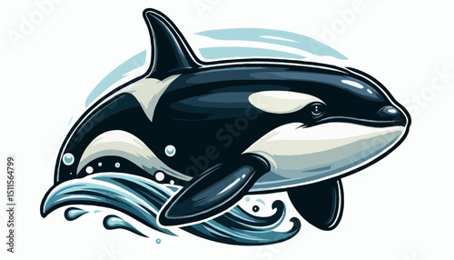 Stylized vector image of an orca, highlighting its iconic dorsal fin and striking color pattern