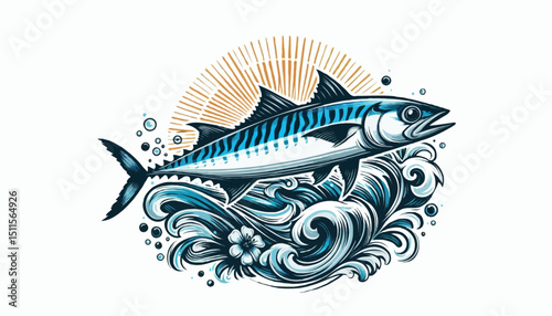An isolated vector illustration of a fish on a hook in blue ocean water
