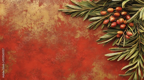 Red background with greenery and berries