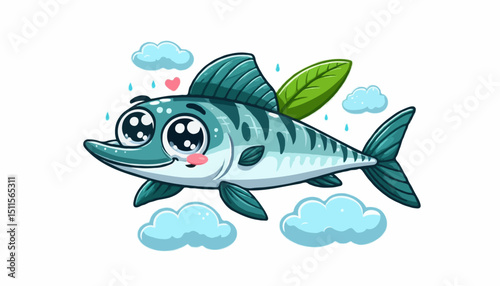 Underwater marine wildlife vector illustration of a Barracuda fish on a hook with fishing line