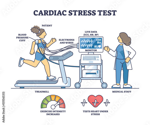 Cardiac stress test diagram shows a patient on a treadmill with electrodes, monitored by medical staff for heart activity, transparent background.