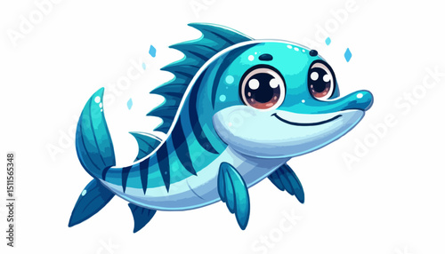 Cute funny cartoon fish Barracuda  swimming underwater in the blue ocean