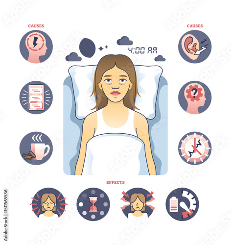 Insomnia diagram shows a woman in bed with tired eyes, surrounded by causes and effects of sleeplessness, transparent background.