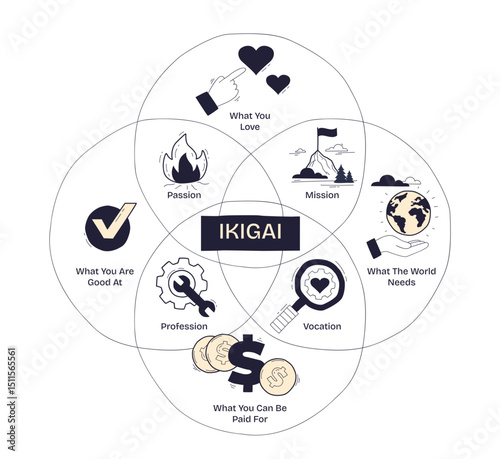 IKIGAI concept visualized with overlapping circles showing passion, mission, profession, and vocation at the center, transparent background. Doodle style diagram